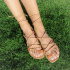Women's leather ancient Greek, lace up sandals and toe ring